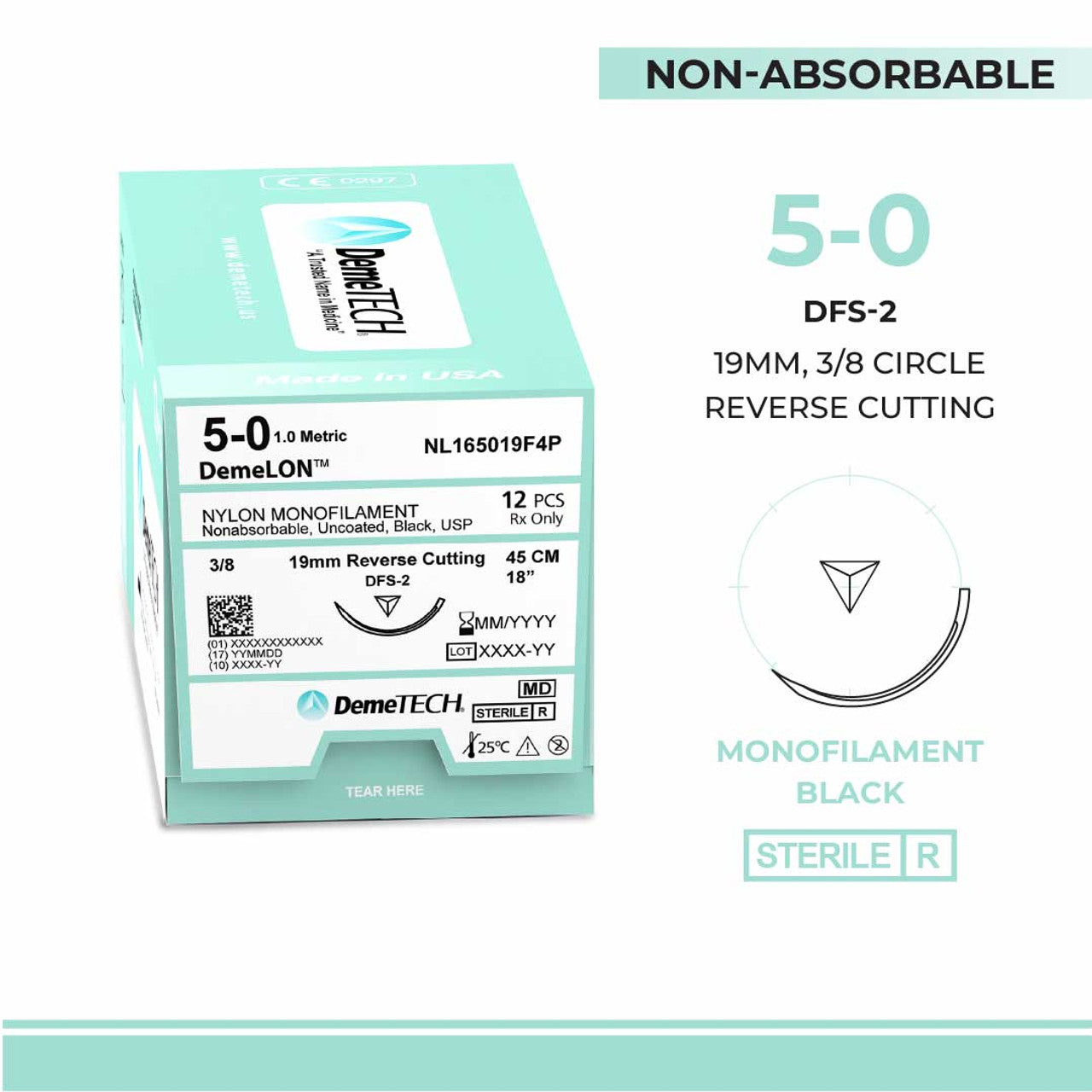 Nylon Monofilament, 5-0, 18", DFS-2 Non-Absorbable Suture, Reverse Cutting, Black 12/Box