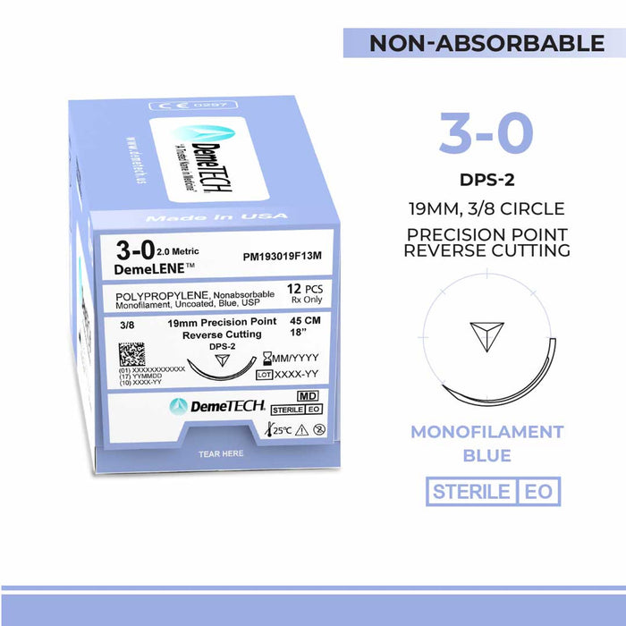 Polypropylene, 3-0, 18", DPS-2 Non-Absorbable Suture, Precision Point Reverse Cutting, Blue 12/Box