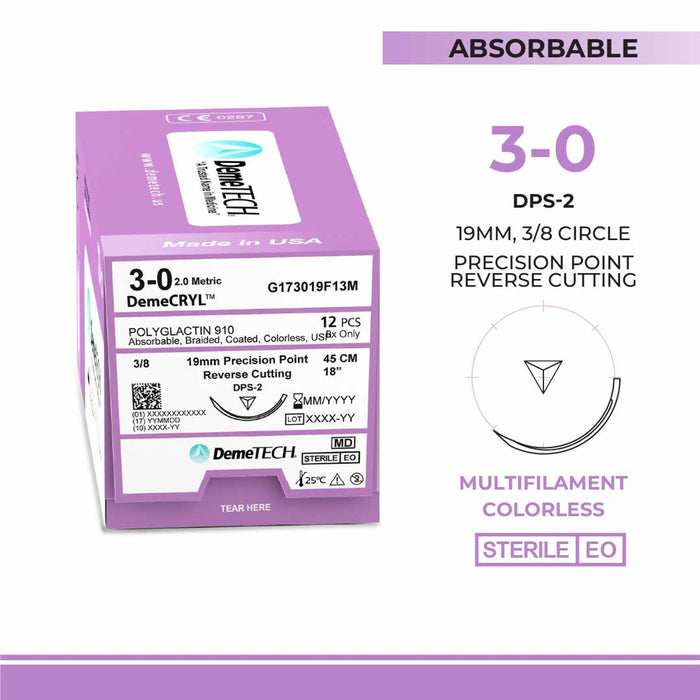 Polyglactin 910, 3-0, 18", DPS-2 Synthetic Absorbable Suture, Precision Point Reverse Cutting, Undyed 12/Box