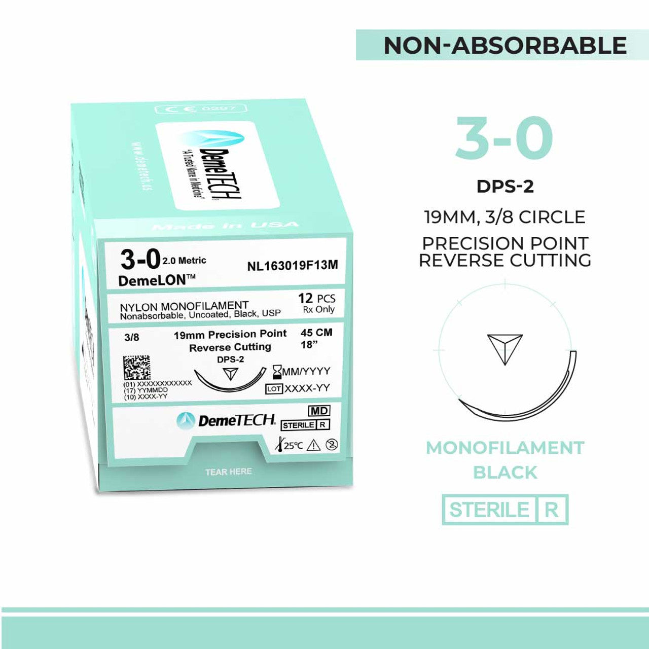 Nylon Monofilament, 3-0, 18", DPS-2 Non-Absorbable Suture, Precision Point Reverse Cutting, Black 12/Box