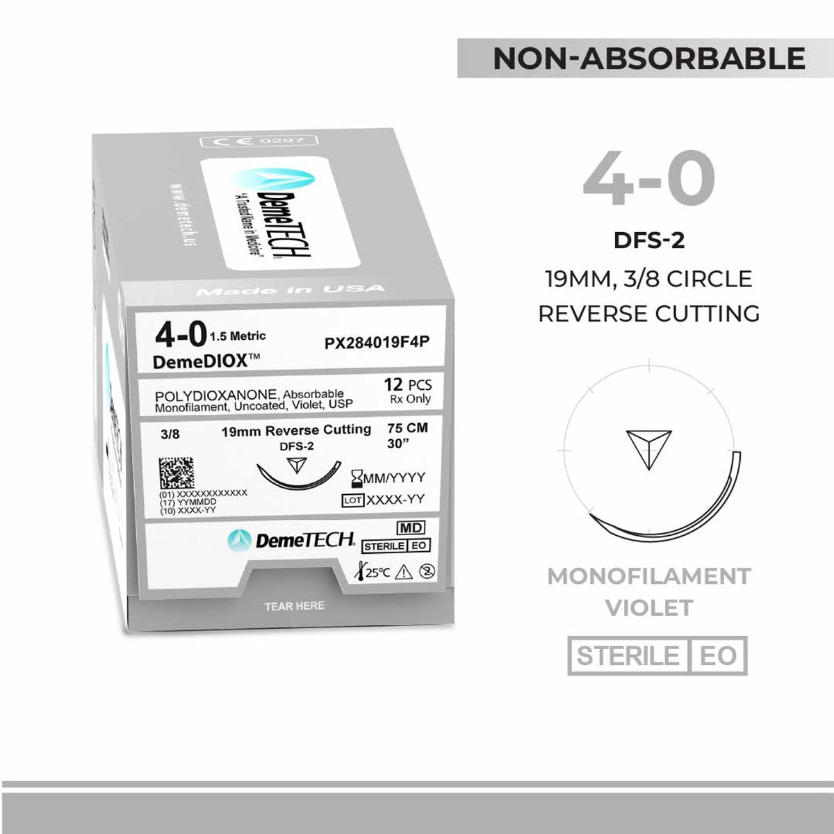 Polydioxanone (PX), 4-0, 30", DFS-2 Synthetic Absorbable Suture, Precision Point Reverse Cutting, Violet 12/Box